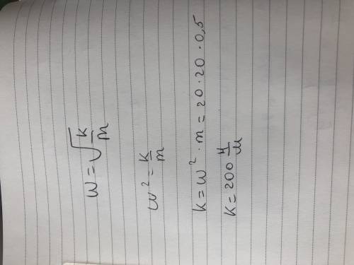 Найдите жестокость пружины,если частота 20 гц,а масса груза 500г