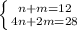 \left \{ {{n+m=12 \atop {4n+2m=28}} \right.