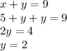 x + y = 9 \\ 5 + y + y = 9 \\ 2y = 4 \\ y = 2