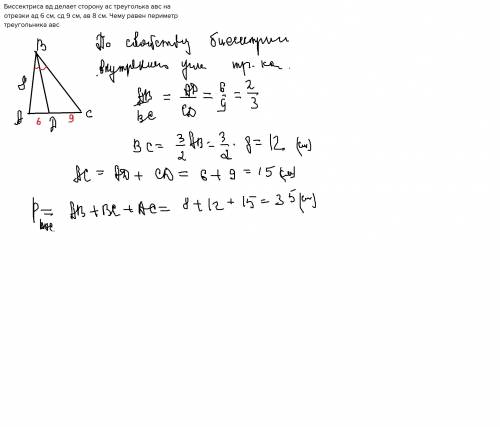 Биссектриса вд делает сторону ас треуголька авс на отрезки ад 6 см, сд 9 см, ав 8 см. чему равен пер
