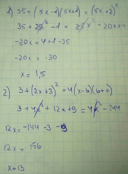 Решите уровнение 1)35+(5х-1)(5х+1)=(5х+2)^2 2)3+(2х+3)^2=4(х-6)(6+х) 3)6-х+(2х-1)^2=4(х+3)^2 4)39х+(