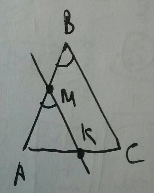 Дан треугольник abc, секущая nk дано: угол амк = углу аbc найти: угол acb + угол mkc