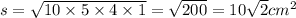 s = \sqrt{10 \times 5 \times 4 \times 1} = \sqrt{200} = 10 \sqrt{2} {cm}^{2}