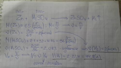 Определите объем и кол-во водорода, который выделится при взаимодействии 130 г цинка с 200 г серной
