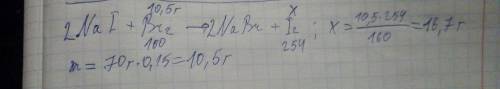 Какая масса иода выделится при взаимодействии избытка брома с 70 г 15%-ного раствора иодида натрия?