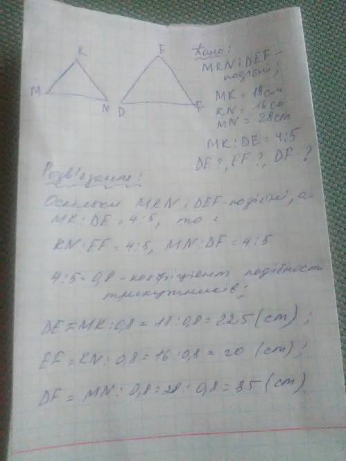 Трикутники mkn i def подібні. мк=18 см, кn = 16 см, мn=28 cm, mk: de=4: 5. знайдіть сторони трикутни