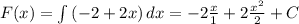 F(x)=\int\limit {(-2 +2x)} \, dx= -2\frac{x}{1}+2\frac{x^2}{2}+C