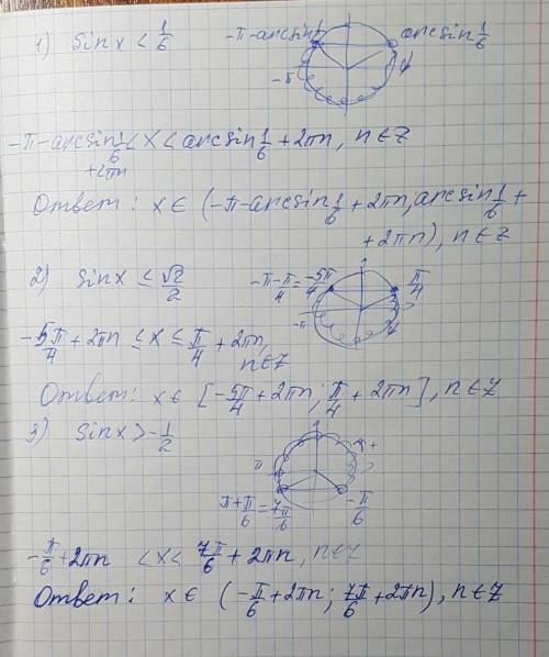 30б. можно с рисунком! тригонометричні нерівності.розвяжіть нерівність: 1)sinx < [tex]\frac{1}{6}