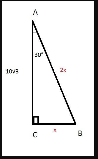 Втреугольнике abc угол c равен 90°, угол a равен 30°, ac=10√3. найдите ab