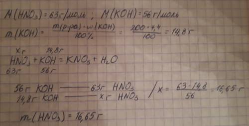 Вычислить массу азотной кислоты, которая потребуется для нейтрализации 200г 7.4% -ного раствора гидр