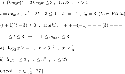 1)\; \; (log_3x)^2-2\, log_3x\leq 3\; ,\; \; ODZ:\; \; x0\\\\t=log_3x\; ,\; \; t^2-2t-3\leq 0\; ,\; \; t_1=-1\; ,\; t_2=3\; \; (teor.\; Vieta)\\\\(t+1)(t-3)\leq 0\; \; ,\; \; znaki:\; \; \; +++(-1)---(3)+++\\\\-1\leq t\leq 3\; \; \Rightarrow \; \; -1\leq log_3x\leq 3\\\\a)\; \; \log_3x\geq -1\; ,\; \; x\geq 3^{-1}\; \; ,\; \; x\geq \frac{1}{3}\\\\b)\; \; log_3x\leq 3\; ,\; \; x\leq 3^3\; \; ,\; \; x\leq 27\\\\Otvet:\; \; x\in [\, \frac{1}{3}\, ,\, 27\, ]\; .