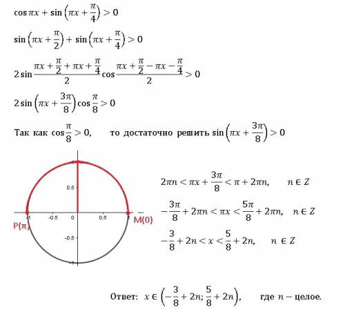 Cosπx +sin(πx +π/4) > 0 решите уравнение.