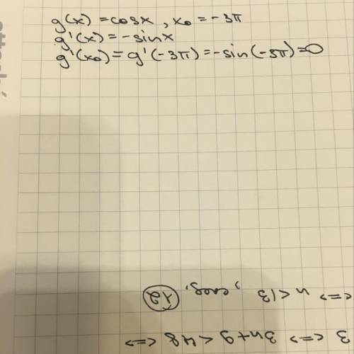 Найдите значение производной функции у=g(x) в точке хо , если g(x) = cos х , х0 = -3π