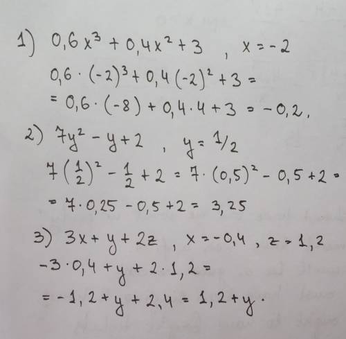 25 1) найдите значение выражения 0,6х³+0,4х²+3 при х=-22) найдите значение выражения 7y²-y+2 при y=1