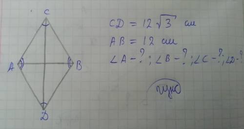 Диагонали ромба равны 12 см и 12 корень 3 , найдите углы ромба