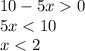 10 - 5x 0 \\ 5x < 10 \\ x < 2