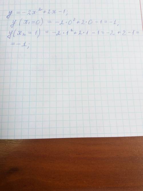 Вычислите значения функций y = f(x) в точках x1 = 0 x2 = 1 y = -2x² + 2x -1