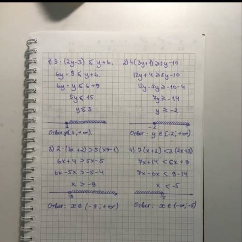 Решите системы неравенств (969,970): 1) 3(2y - 3) ≤ y + 6; 2) 4(3y + 1) ≥ 5y - 10; 3) 2(3x + 2) >