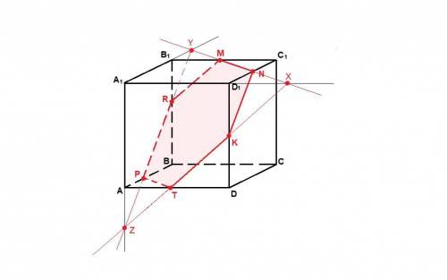 Дан куб abcda1b1c1d1 точки m n k середины рёбер b1c1, c1d1, dd1 соответственно, побудуйте переріз ку