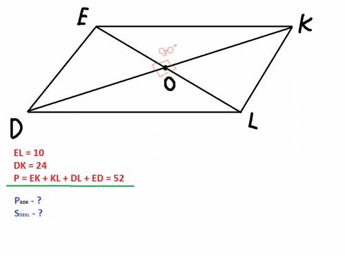 Параллелограмм dekl, o – точка пересечения диагоналей. диагонали параллелограмма взаимно перпендикул