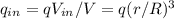 q_{in} = q V_{in}/V = q (r/R)^3