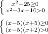 \left \{ {{x^{2} -25\geq0 } \atop {x^{2}-3x-100 }} \right.\\\\\left \{ {{(x-5)(x+5)\geq0 } \atop {(x-5)(x+2)0}} \right.