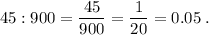 \displaystyle 45 : 900 =\frac{45}{900} = \frac{1}{20} = 0.05\; .