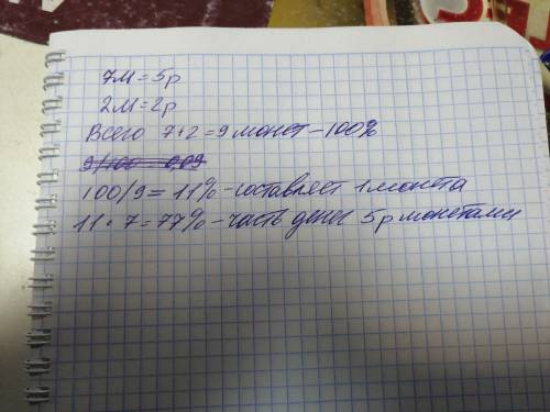 Покупатель получил сдачу монетами, из которых семь монет пятирублёвые и две монеты двухрублёвые.како