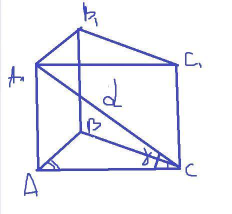 Воснові прямої призми лежить трикутник з кутами альфа і бета.діагональ бічної грані призми,що містит