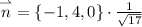 \overset{\rightharpoonup }{n} = \{-1,4,0\}\cdot\frac{1}{\sqrt{17} }