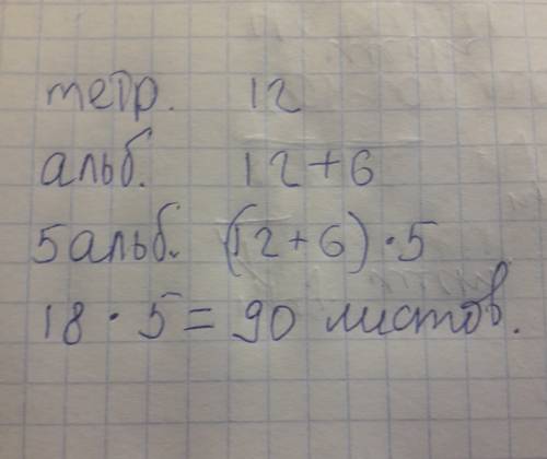 Составь таблицу к .в тетради 12 листов,а в альбоме на 6 больше.сколько листов в 5 альбомах