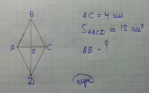 Диагональ ромба 4 см, а площадь 12 см^2. найдите стороны ромба