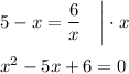 5-x=\dfrac{6}{x}~~~\bigg|\cdot x\\ \\ x^2-5x+6=0