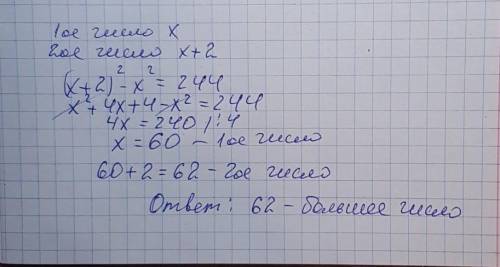 Разность квадратов двух последовательных четных натуральных чисел равна 244.найдите большее число.​