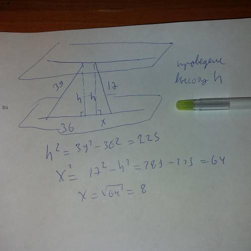 Два відрізки довжиною 39 і 17 см впираються своїми кінцями у дві паралельні площини.проекція першого