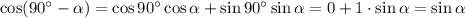 \cos (90^{\circ}-\alpha )=\cos 90^{\circ} \cos\alpha + \sin 90^{\circ} \sin \alpha = 0+1 \cdot \sin \alpha = \sin \alpha