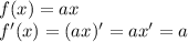 f(x)=ax\\f'(x)=(ax)'=ax'=a