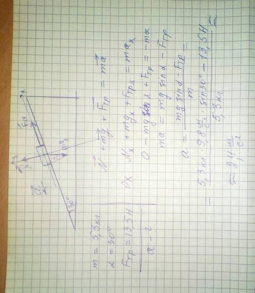тело массой 5,3 кг скользит по наклонной плоскости с углом наклона 30°. чему равно ускорение тела, е