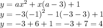 y = a {x}^{2} + x(a - 3) + 1 \\ y = - 3 ( - 1 {)}^{2} - 1( - 3 - 3) + 1 \\ y = - 3 + 6 + 1 = - 3 + 7 = 4