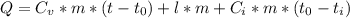 Q=C_{v}*m*(t-t_{0})+ l*m+C_{i}*m*(t_{0}-t_{i})