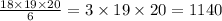 \frac{18 \times 19 \times 20}{6} = 3 \times 19 \times 20 = 1140