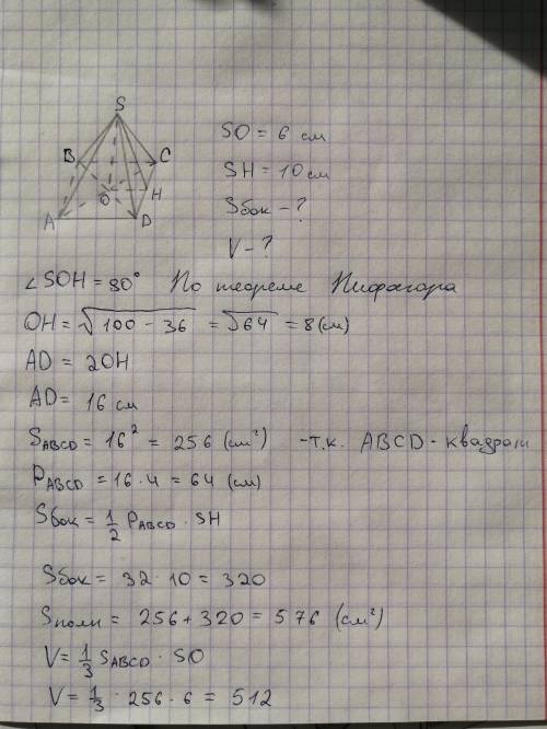 Вправильной четырёхугольной пирамиде известна высота 6 см и высота боковой грани 10 см найдите площа