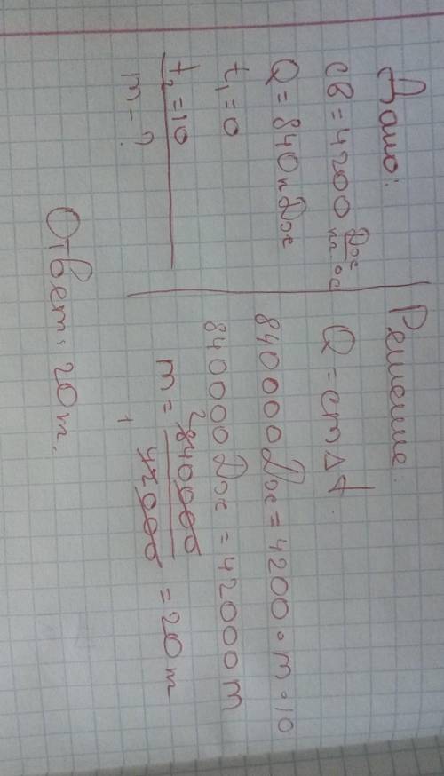 Вычислите объём воды, если поглотив 840 кдж теплоты, она нагрелась на 10°с. ! ​