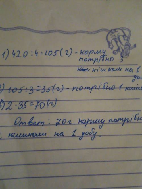 Трьом кішкам на 4 доби потрібно 420 г сухого кор- му. скільки грамів сухого корму потрібно на добу д