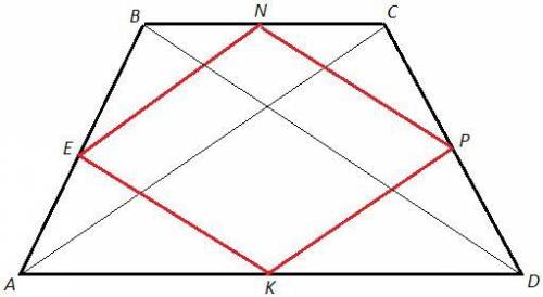 Abcd равнобокая трапеция, точки e, n, p, k середины сторон ab, bc, cd и ad. еслиac =8 см то, определ