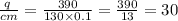 \frac{q \:}{cm} = \frac{390}{130 \times 0.1} = \frac{390}{13} = 30