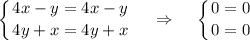 \displaystyle \left \{ {{4x-y=4x-y} \atop {4y+x=4y+x}} \right.~~~\Rightarrow~~~\left \{ {{0=0} \atop {0=0}} \right.