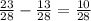 \frac{23}{28} - \frac{13}{28} = \frac{10}{28}