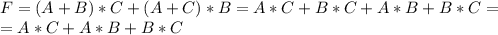 F=(A+B)*C+(A+C)*B=A*C+B*C+A*B+B*C=\\=A*C+A*B+B*C