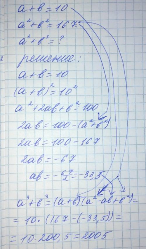 Для чисел a и b выполнилняются равенства a+b=10 и a в квадрате +b в квадрате =167. найдите a в кубе